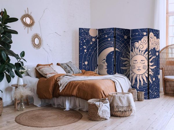 Room Divider - Cosmic Harmony - Illustration of the Sun and Moon on a Navy Background