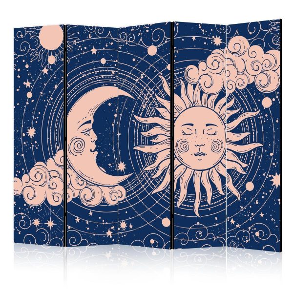 Room Divider - Cosmic Harmony - Illustration of the Sun and Moon on a Navy Background