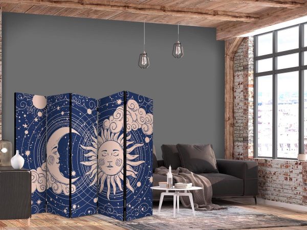 Room Divider - Cosmic Harmony - Illustration of the Sun and Moon on a Navy Background