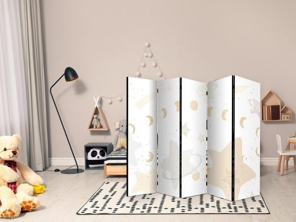 Room Divider - Fairy-Tale Galaxy - Moon Phases in Shades of Yellow Among Stars in Beige and Ash Colors with Stardust