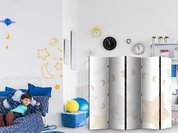 Room Divider - Fairy-Tale Galaxy - Moon Phases in Shades of Yellow Among Stars in Beige and Ash Colors with Stardust