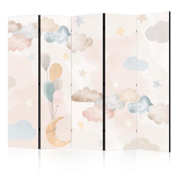 Room Divider - Fairy-Tale Moon - Moon with Balloons Among Clouds and Stars in Subdued Colors on a Light Beige Background