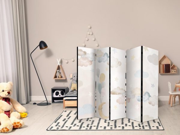 Room Divider - Fairy-Tale Moon - Moon with Balloons Among Clouds and Stars in Subdued Colors on a Light Beige Background - Image 2