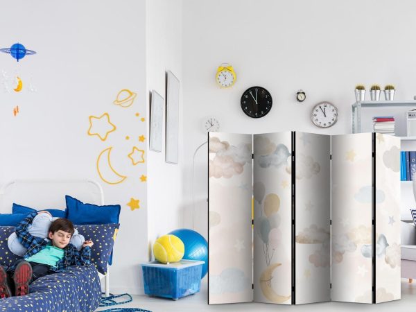 Room Divider - Fairy-Tale Moon - Moon with Balloons Among Clouds and Stars in Subdued Colors on a Light Beige Background - Image 3