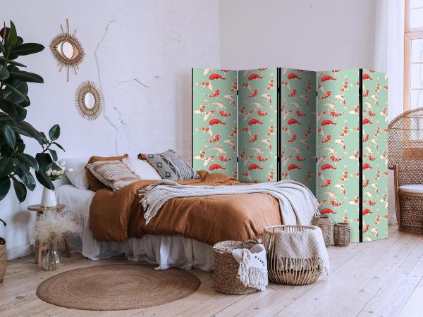 Room Divider - Fish And Japanese Pattern - Koi Fish in Orange-Cream Colors on a Green-Mint Background With An Oriental Pattern