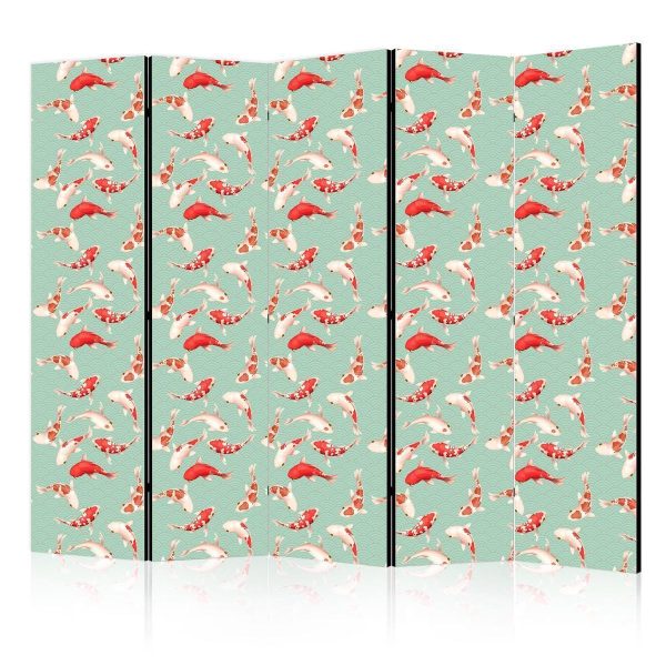 Room Divider - Fish And Japanese Pattern - Koi Fish in Orange-Cream Colors on a Green-Mint Background With An Oriental Pattern