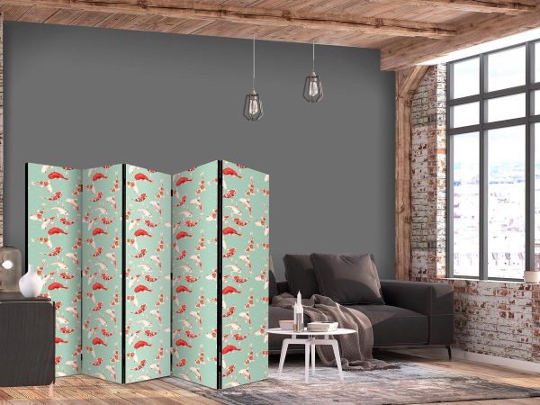 Room Divider - Fish And Japanese Pattern - Koi Fish in Orange-Cream Colors on a Green-Mint Background With An Oriental Pattern