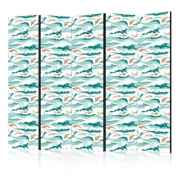 Room Divider - Fish Jumping Above The Waves - Oriental Fish And Water Lilies Among High Waves in Shades of Sea Green