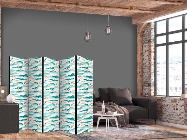 Room Divider - Fish Jumping Above The Waves - Oriental Fish And Water Lilies Among High Waves in Shades of Sea Green