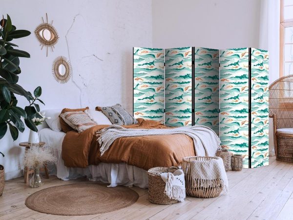 Room Divider - Fish Jumping Above The Waves - Oriental Fish And Water Lilies Among High Waves in Shades of Sea Green