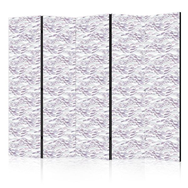 Room Divider - Fish in Muted Colors - a School of Small Fishes in Light Purple And Delicate Pink Against Grey Waves