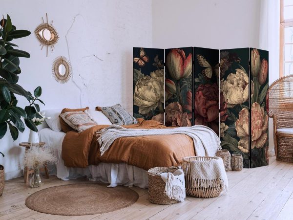Room Divider - Floral Illustration - Magnificent Flower Buds on a Turquoise Background