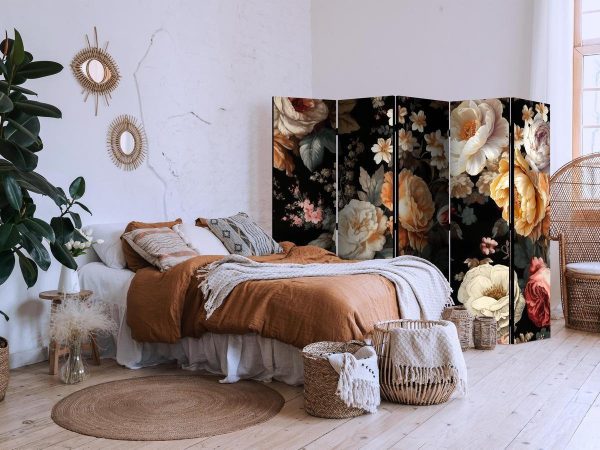 Room Divider - Floristry in Vintage Style - a Plethora of Colorful Flowers on a Black Background