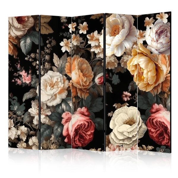 Room Divider - Floristry in Vintage Style - a Plethora of Colorful Flowers on a Black Background