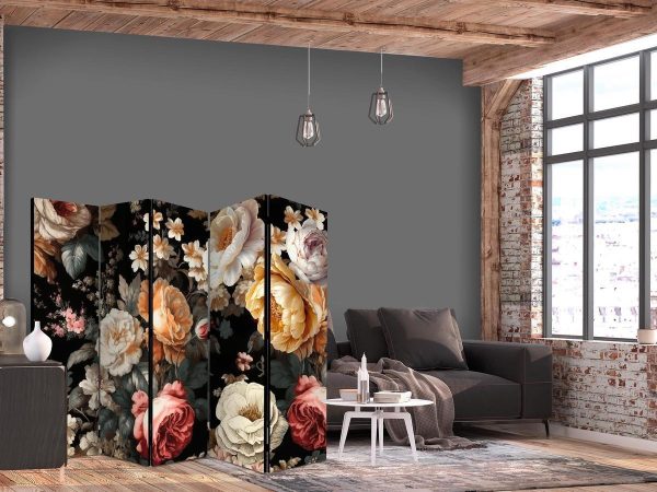 Room Divider - Floristry in Vintage Style - a Plethora of Colorful Flowers on a Black Background