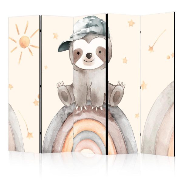 Room Divider - Happy Sloth - Sloth in Muted Colors - Wearing a Cap - Sitting on a Rainbow Among the Stars