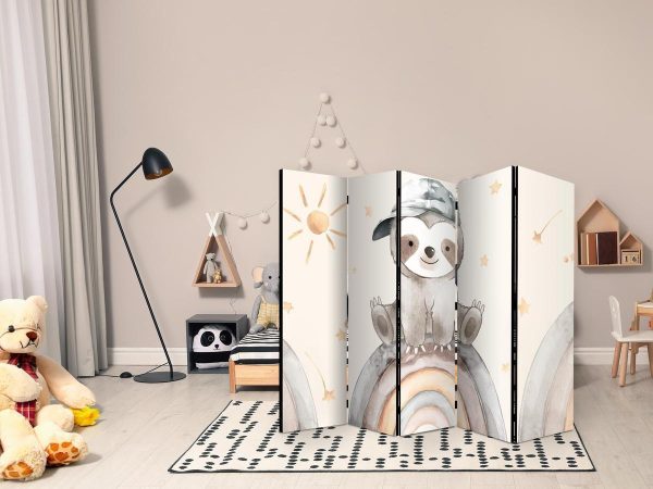 Room Divider - Happy Sloth - Sloth in Muted Colors - Wearing a Cap - Sitting on a Rainbow Among the Stars