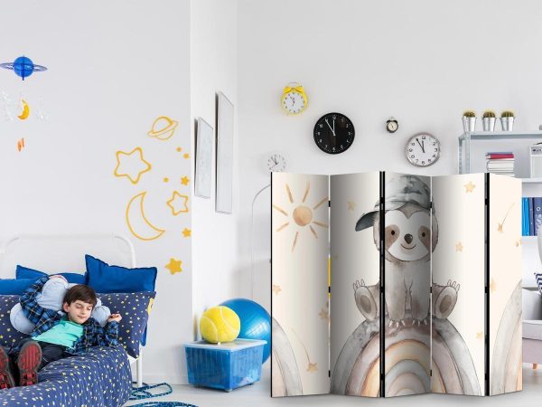 Room Divider - Happy Sloth - Sloth in Muted Colors - Wearing a Cap - Sitting on a Rainbow Among the Stars
