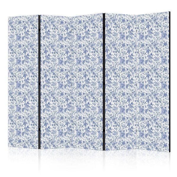 Room Divider - Illustration in Vintage Style - Blue Flowers on a White Background