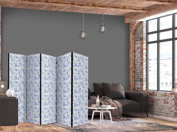 Room Divider - Illustration in Vintage Style - Blue Flowers on a White Background
