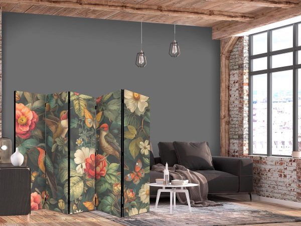 Room Divider - In the Botanical Garden - Flowers Birds and Butterflies - Colorful Illustration