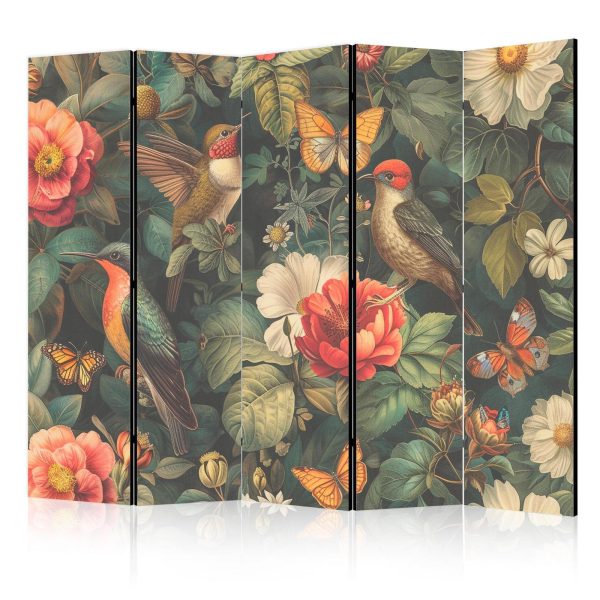Room Divider - In the Botanical Garden - Flowers Birds and Butterflies - Colorful Illustration