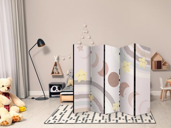 Room Divider - Joyful Sky - Yellow Cheerful Stars with a Rainbow Against the Phases of the Moon - in the Sky Colored Light Beige