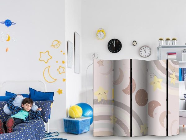 Room Divider - Joyful Sky - Yellow Cheerful Stars with a Rainbow Against the Phases of the Moon - in the Sky Colored Light Beige