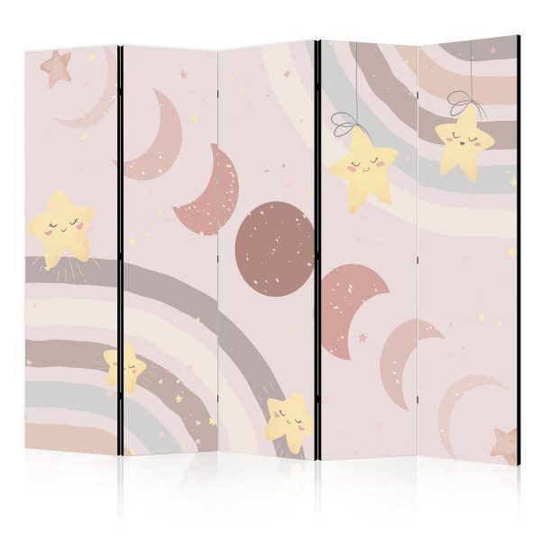 Room Divider - Joyful Sky - Yellow Cheerful Stars with a Rainbow Against the Phases of the Moon - in the Sky Colored Light Beige