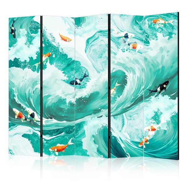 Room Divider - Koi Fish Among Waves - Japanese Fish Amid Waves in Shades of Turquoise And White