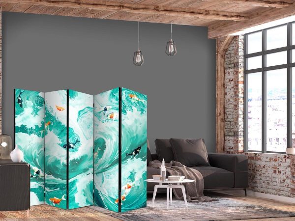 Room Divider - Koi Fish Among Waves - Japanese Fish Amid Waves in Shades of Turquoise And White