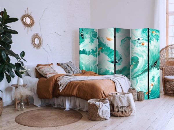 Room Divider - Koi Fish Among Waves - Japanese Fish Amid Waves in Shades of Turquoise And White