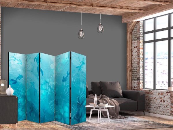 Room Divider - Koi Fish Beneath the Water Surface - A Cluster of Japanese Fish in the Depths of the Pond in Shades of Navy and Blue