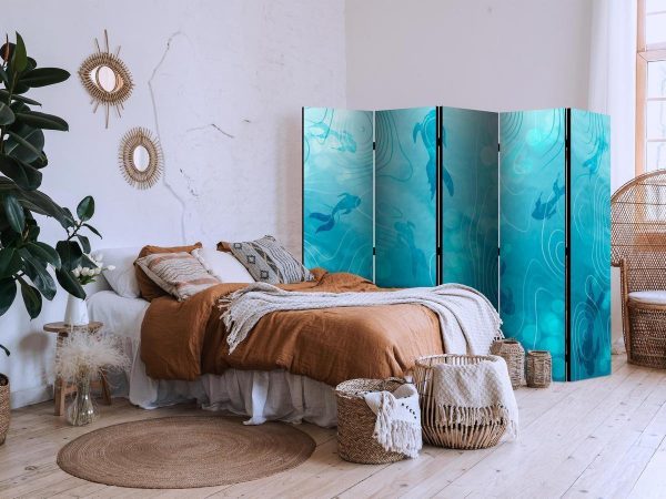 Room Divider - Koi Fish Beneath the Water Surface - A Cluster of Japanese Fish in the Depths of the Pond in Shades of Navy and Blue