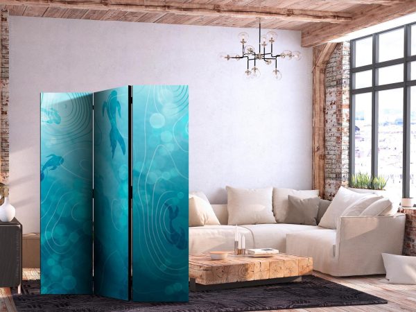 Room Divider - Koi Fish Under The Water Surface - a Cluster of Japanese Fish in The Depths of The Pond in Shades of Navy And Blue - Image 2