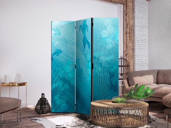 Room Divider - Koi Fish Under The Water Surface - a Cluster of Japanese Fish in The Depths of The Pond in Shades of Navy And Blue - Image 3