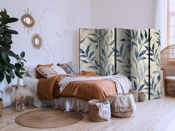 Room Divider - Leaves in Blue Colors - Delicate Botanical Motif