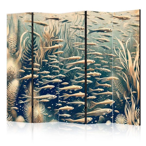 Room Divider - Life in The Ocean - Underwater World of Fish And Vegetation in Beige And Navy Colors in Retro Style