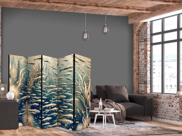 Room Divider - Life in The Ocean - Underwater World of Fish And Vegetation in Beige And Navy Colors in Retro Style