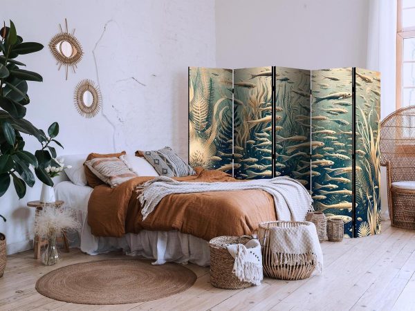 Room Divider - Life in The Ocean - Underwater World of Fish And Vegetation in Beige And Navy Colors in Retro Style
