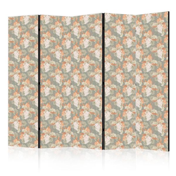 Room Divider - Little Bouquets - Exotic Flowers and Leaves on a Gray-Green Background