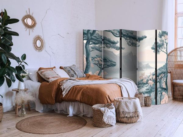 Room Divider - Mountainous Coast with Trees and Rocks - in Light Pastel Blues