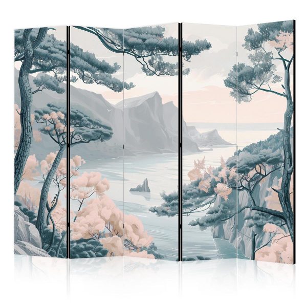 Room Divider - Mountainous Coast with Trees and Rocks - in Light Pastel Blues