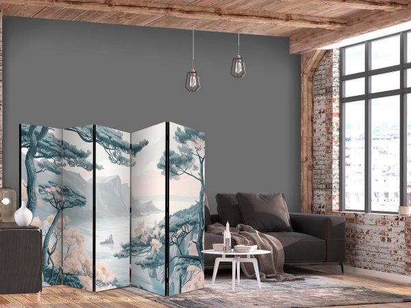 Room Divider - Mountainous Coast with Trees and Rocks - in Light Pastel Blues