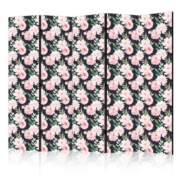 Room Divider - Peonies - Pink Flowers and Green Leaves on a Graphite Background