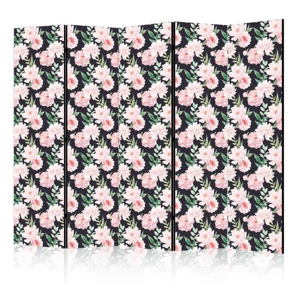 Room Divider - Peonies - Pink Flowers and Green Leaves on a Graphite Background