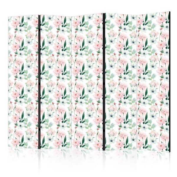 Room Divider - Peonies - Pink and White Flowers and Green Leaves on a White Background