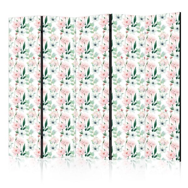 Room Divider - Peonies - Pink and White Flowers and Green Leaves on a White Background