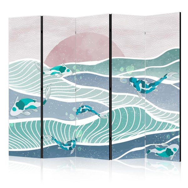 Room Divider - Picturesque Landscape With Fish - Sunset And Koi Fish in Shades of Turquoise And Blue Floating Above The Water