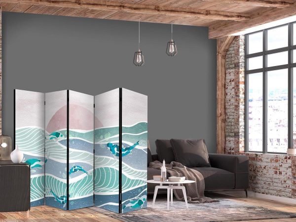 Room Divider - Picturesque Landscape With Fish - Sunset And Koi Fish in Shades of Turquoise And Blue Floating Above The Water